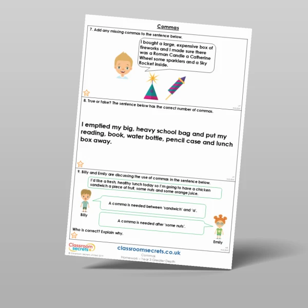 An image of the Commas Homework Resource