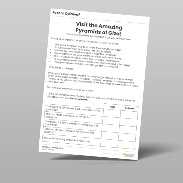 KS2 Fact Or Opinion Reading Test Practice Egypt Resource | Classroom ...