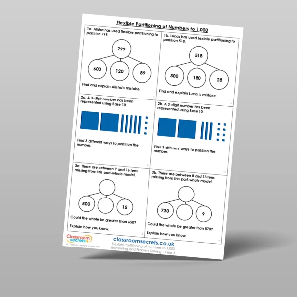An image of the Flexible Partitioning of Numbers to 1,000 Reasoning and Problem Solving Resource