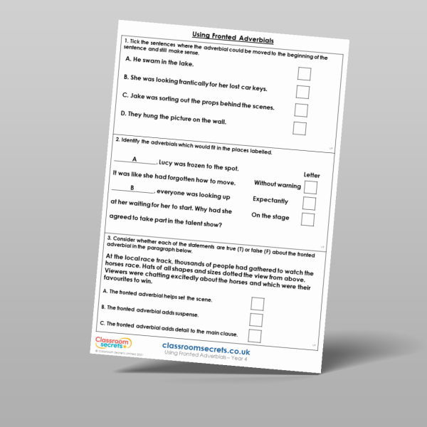 Year 4 Using Fronted Adverbials Mixed Activity Resource | Classroom Secrets