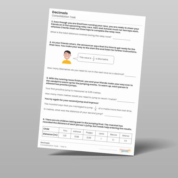 An image of the Decimals Consolidation Task Resource