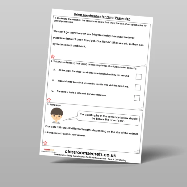 An image of the Using Apostrophes for Plural Possession Homework Resource