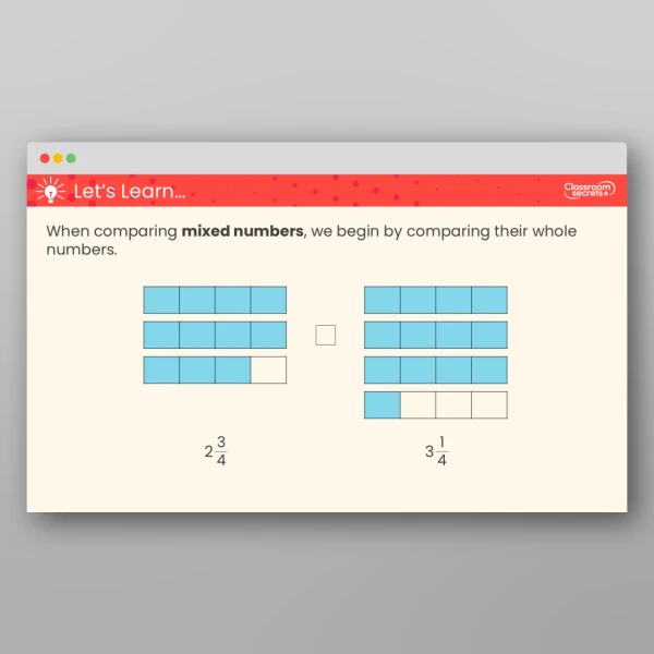 An image of the Compare and Order Mixed Numbers Teaching PPT Resource
