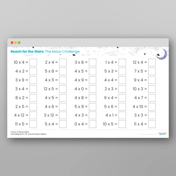 An image of the Challenge 5 The Moon 4 Times Tables Resource