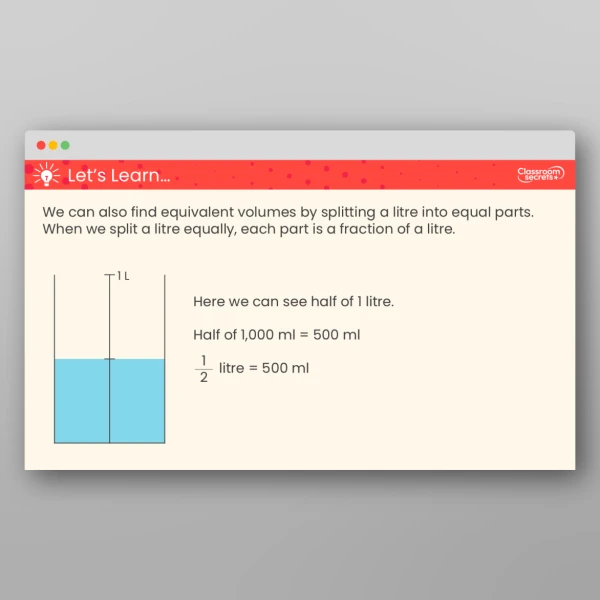 An image of the Equivalent Capacities and Volumes (Litres and Millilitres) Teaching PPT Resource