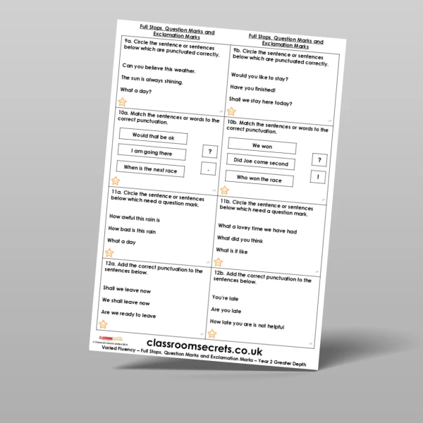 An image of the Full Stops, Question Marks and Exclamation Marks Varied Fluency Resource