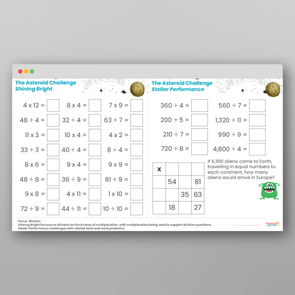 An image of the Challenge 12 Asteroids Division Times Tables Resource