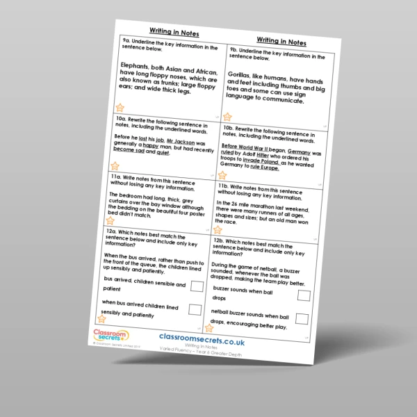 An image of the Writing in Notes Varied Fluency Resource
