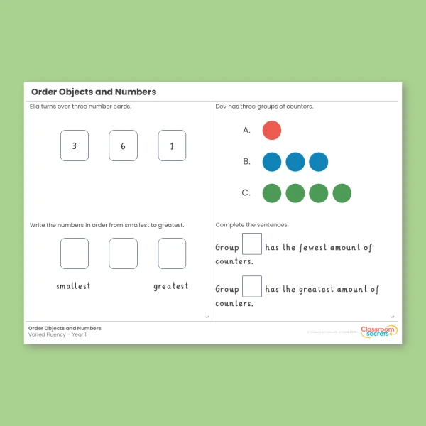 Year 1 Order Objects and Numbers Place Value within 10 Varied Fluency