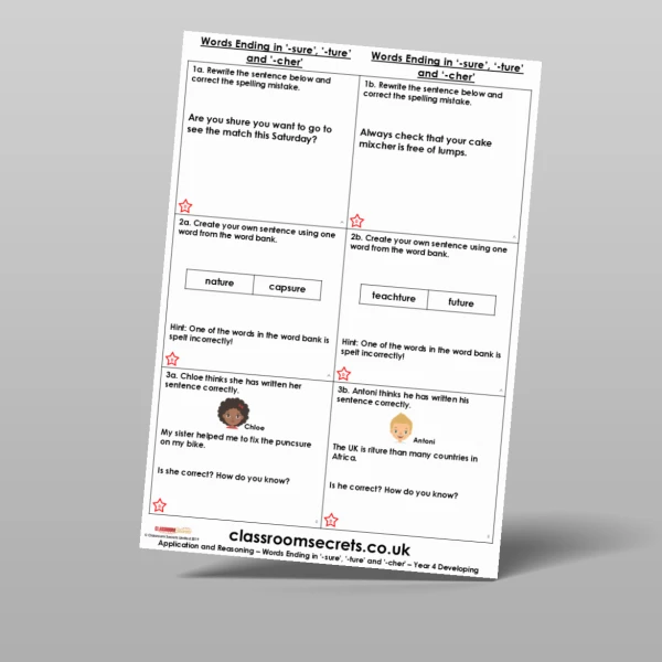 An image of the Words Ending in '-sure', '-ture' and '-cher' Application and Reasoning Resource