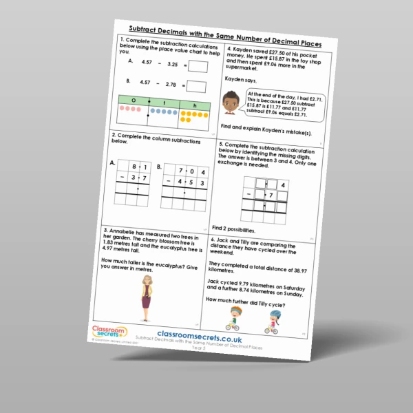 An image of the Subtract Decimals with the Same Number of Decimal Places Mixed Activity Resource