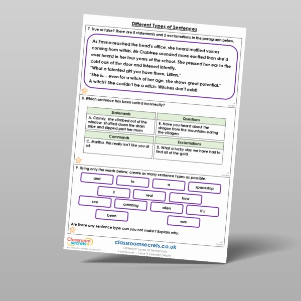 An image of the Different Types of Sentences Homework Resource