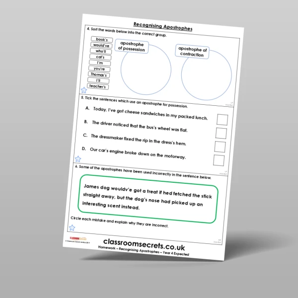 An image of the Recognising Apostrophes Homework Resource