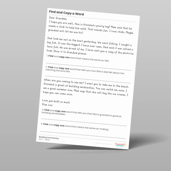 An image of the Find and Copy a Word Reading Test Practice Resource