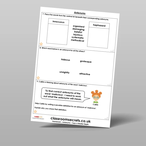 An image of the Antonyms Homework Resource