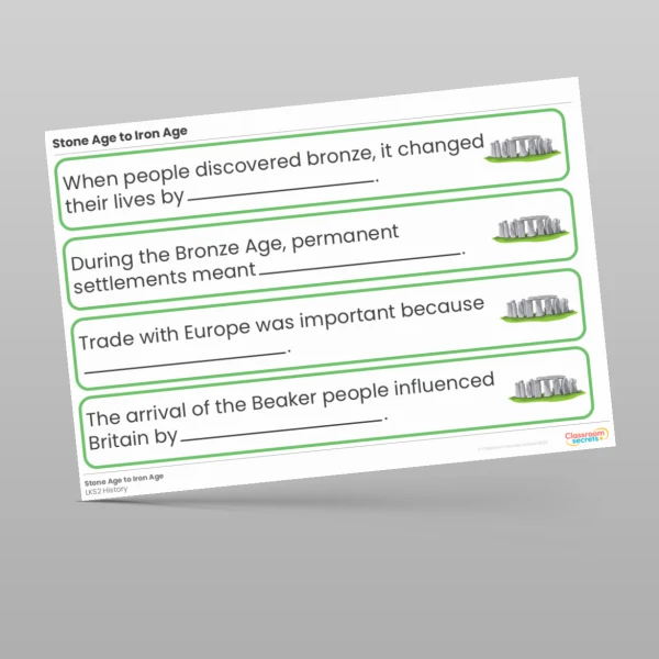 An image of the Stone Age to Iron Age Stem Sentences Resource
