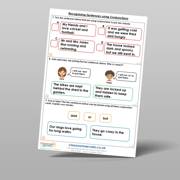 An image of the Recognising Sentences using Conjunctions Homework Resource