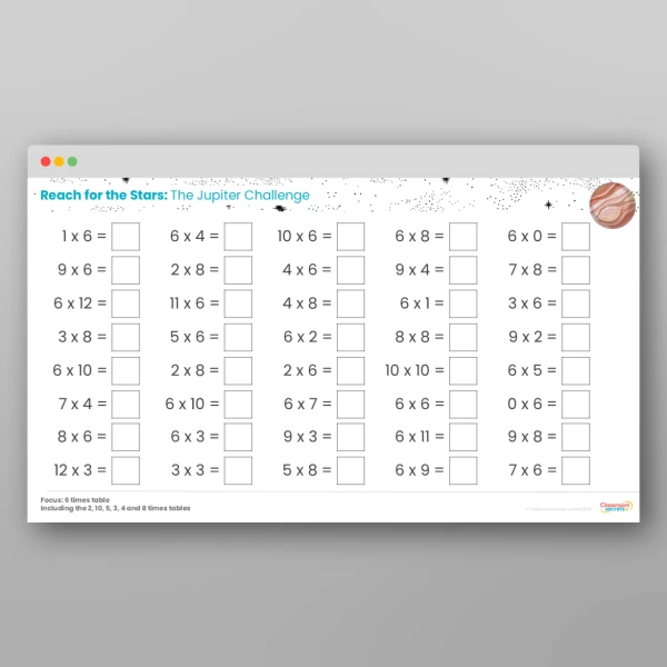 An image of the Challenge 7 Jupiter 6 Times Table Resource