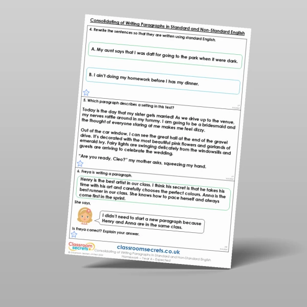 An image of the Consolidating of Writing Paragraphs in Standard and Non-Standard English Homework Resource