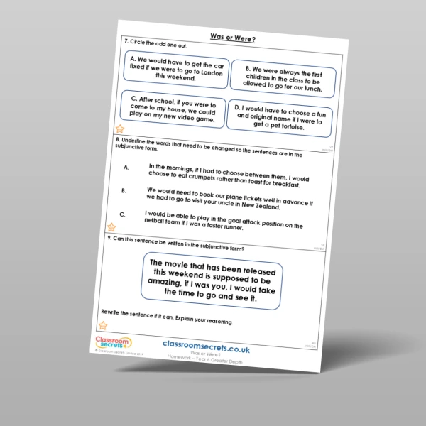 An image of the Free Was or Were? Homework Resource