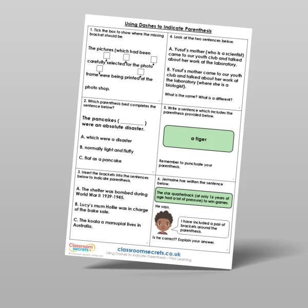 An image of the Using Dashes to Indicate Parenthesis Prior Learning Resource