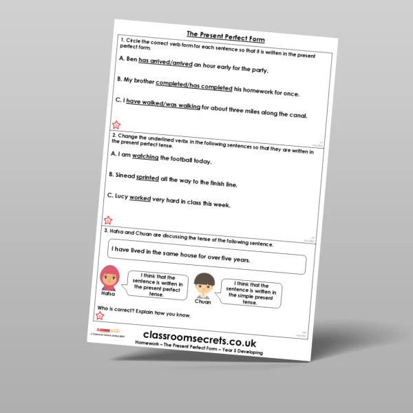 An image of the The Present Perfect Form Homework Resource