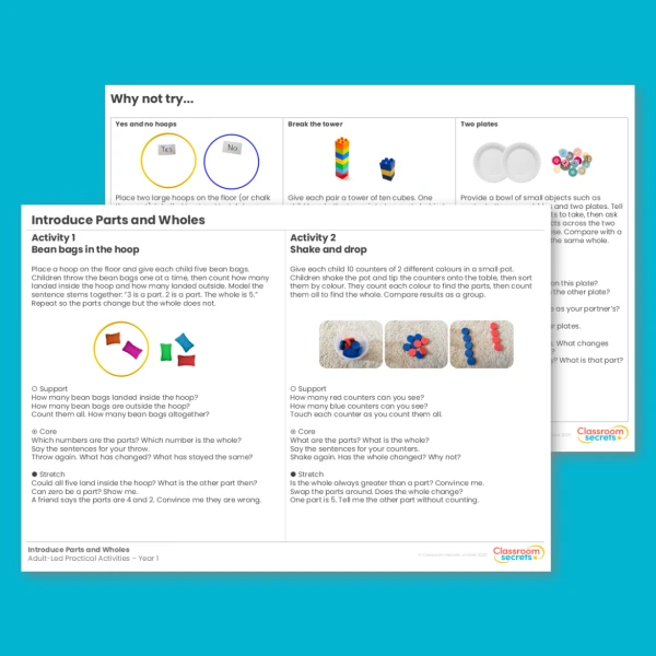 Year 1 Introduce Parts and Wholes Addition and Subtraction within 10 Adult Led Practical Activities
