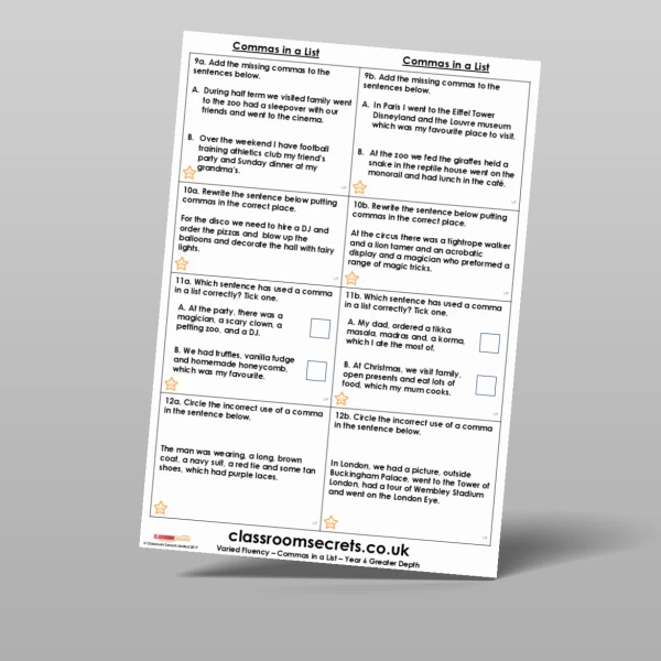An image of the Free Commas in a List Varied Fluency Resource