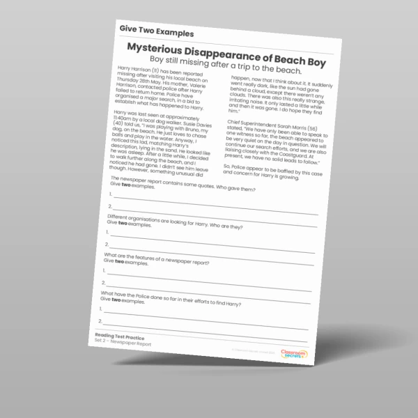 An image of the Give Two Examples Reading Test Practice Resource