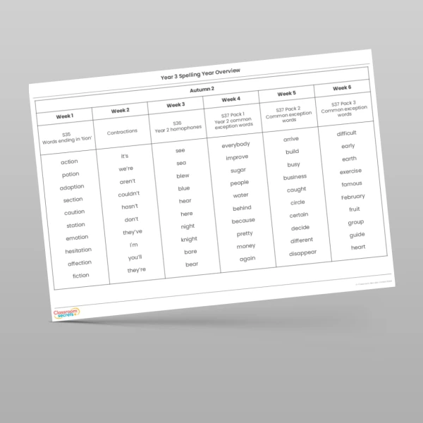 An image of the Spelling Year Overview Resource
