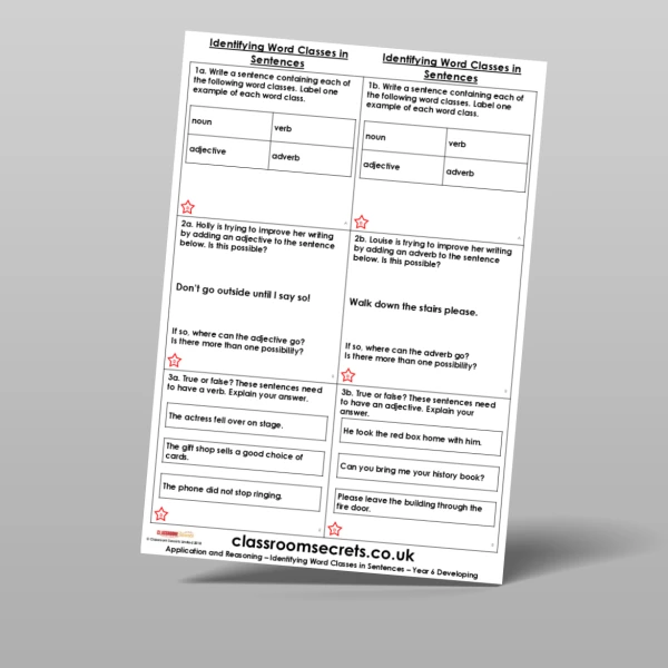 An image of the Identifying Word Classes in Sentences Application and Reasoning Resource