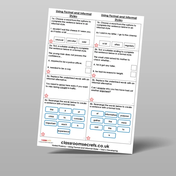 An image of the Using Formal and Informal Styles Varied Fluency Resource