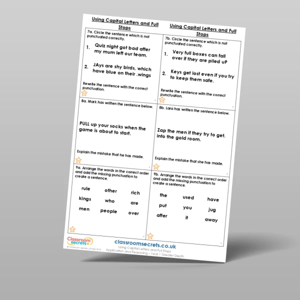 An image of the Using Capital Letters and Full Stops Application and Reasoning Resource
