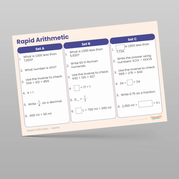 An image of the Free Summer 1 Week 1 Rapid Arithmetic Resource