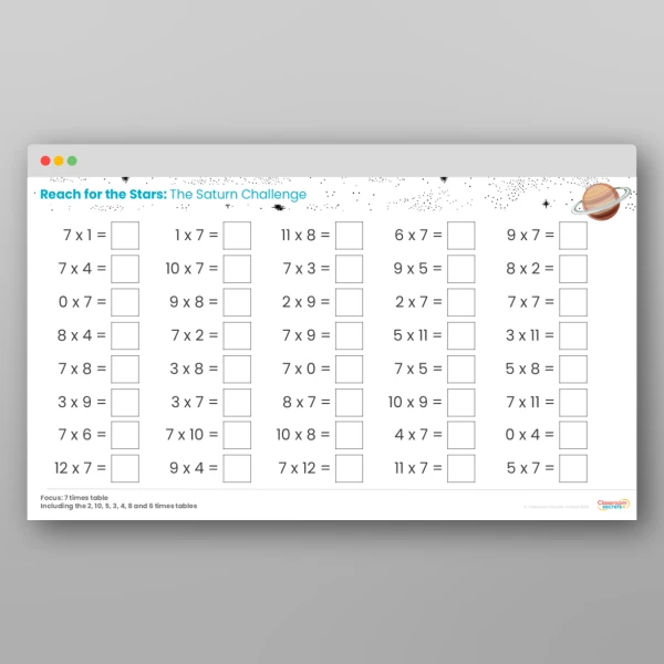 An image of the Challenge 8 Saturn 7 Times Table Resource