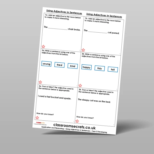 An image of the Using Adjectives in Sentences Application and Reasoning Resource