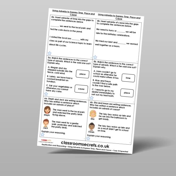 An image of the Using Adverbs to Express Time, Place and Cause Application and Reasoning Resource