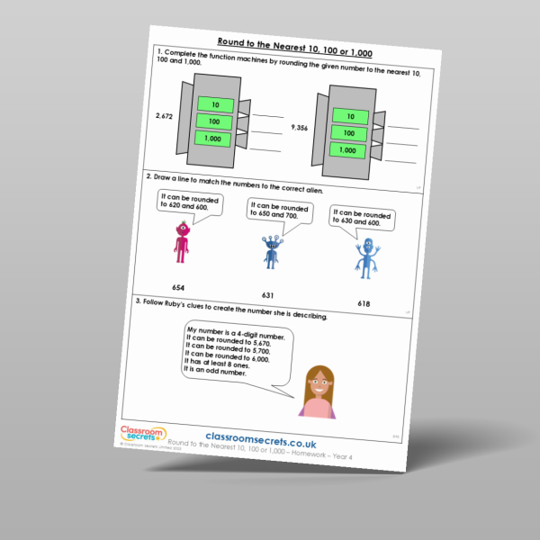 Year 4 Round To The Nearest 10 100 Or 1 000 Homework Resource ...