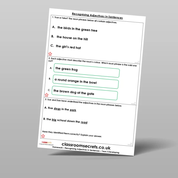 An image of the Recognising Adjectives in Sentences Homework Resource