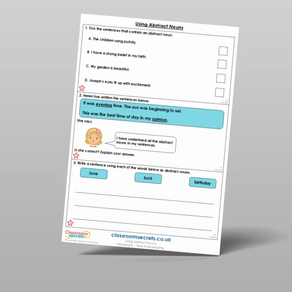 An image of the Using Abstract Nouns Homework Resource