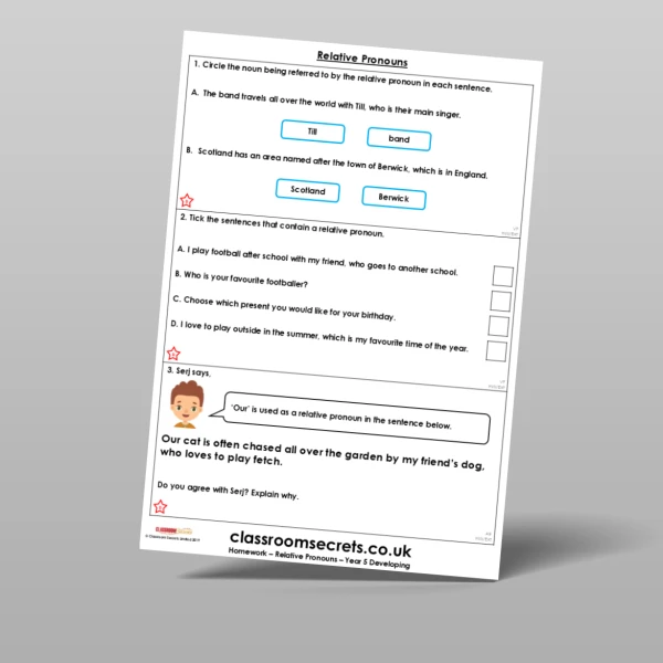 An image of the Free Relative Pronouns Homework Resource