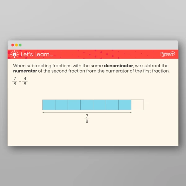 An image of the Subtract Two Fractions Teaching PPT Resource