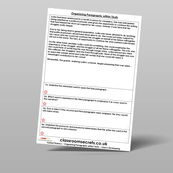 An image of the Organising Paragraphs within Texts Varied Fluency Resource