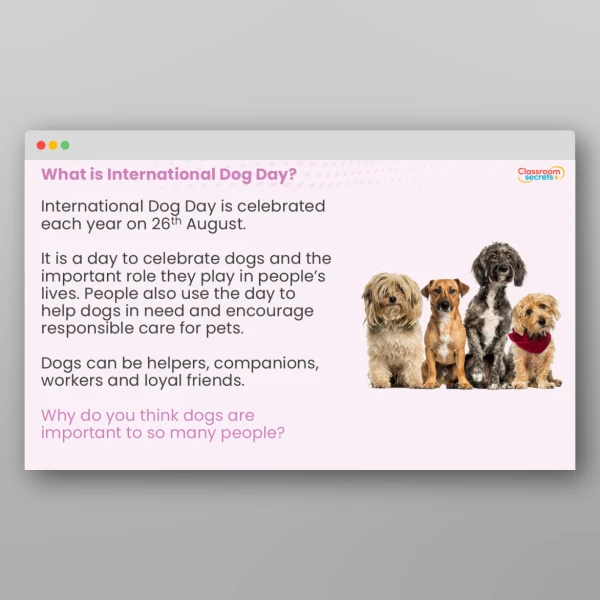 An image of the International Dog Day Whole School Assembly PPT Resource