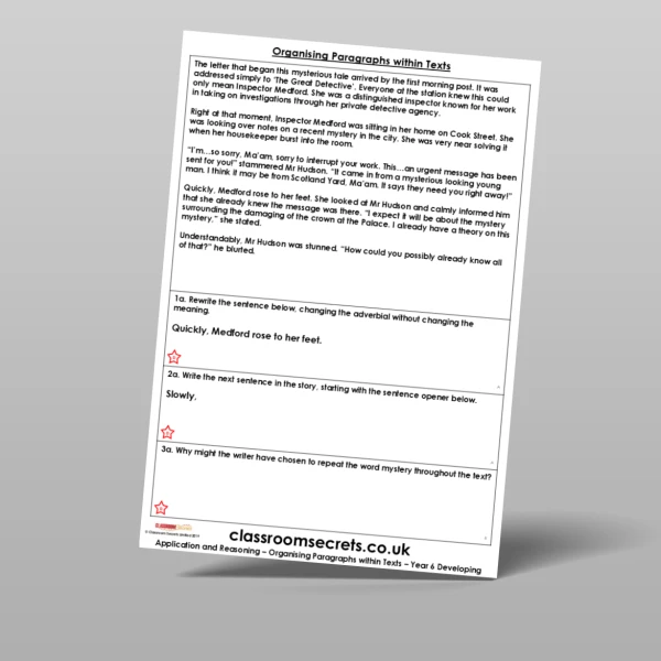 An image of the Organising Paragraphs within Texts Application and Reasoning Resource