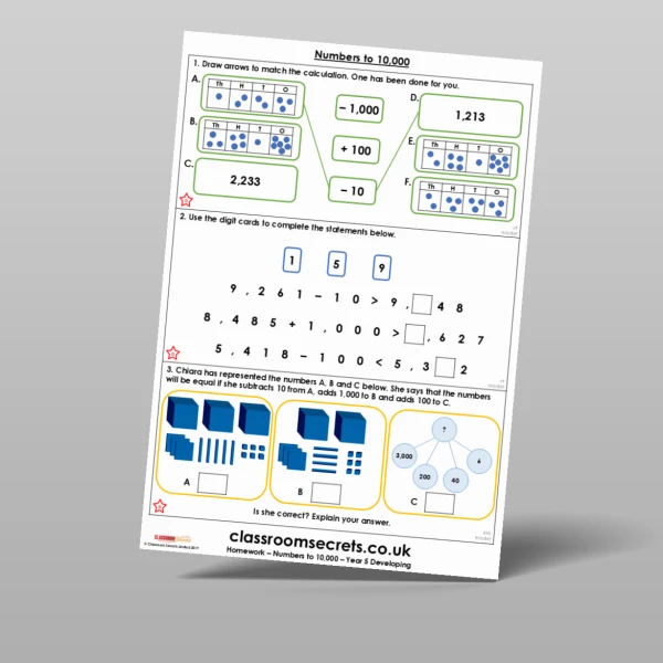 An image of the Numbers to 10,000 Homework Resource