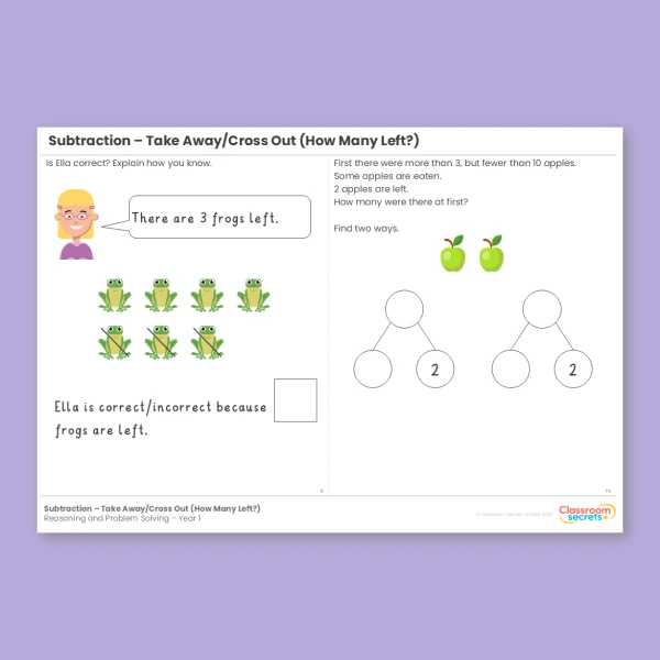 Year 1 Subtraction - Take Away Cross Out How Many Left Addition and Subtraction within 10 Reasoning and Problem Solving