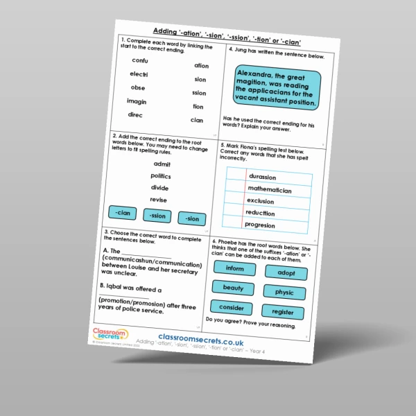 An image of the Adding '-ation', '-sion', '-ssion', '-tion' or '-cian' Mixed Activity Resource