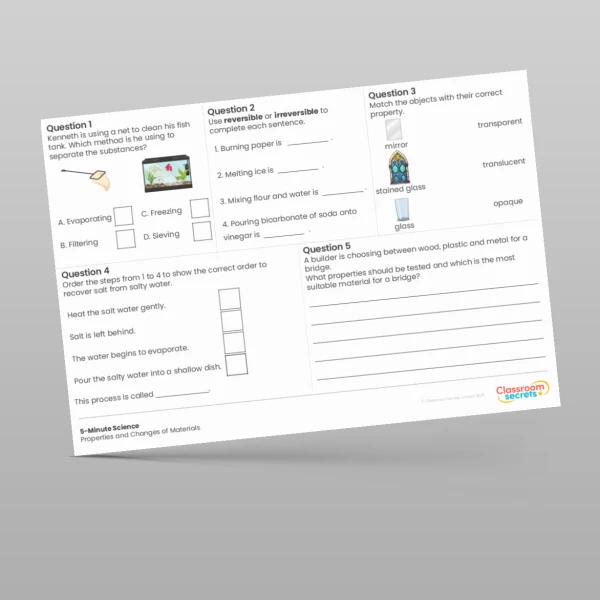 An image of the Properties and Changes of Materials 5-Minute Science Resource