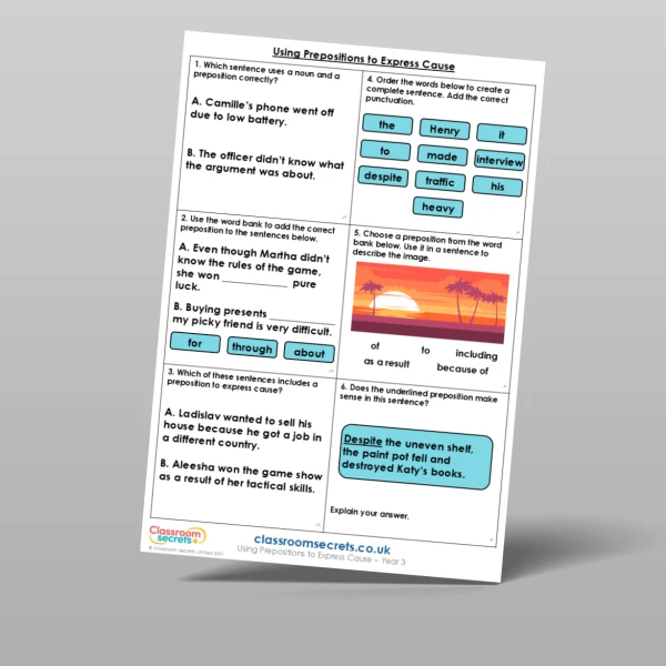 An image of the Using Prepositions to Express Cause Mixed Activity Resource